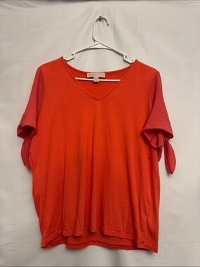 Michael Kors Red Short Sleeve V-Neck Tee with Tie Sleeve Detail